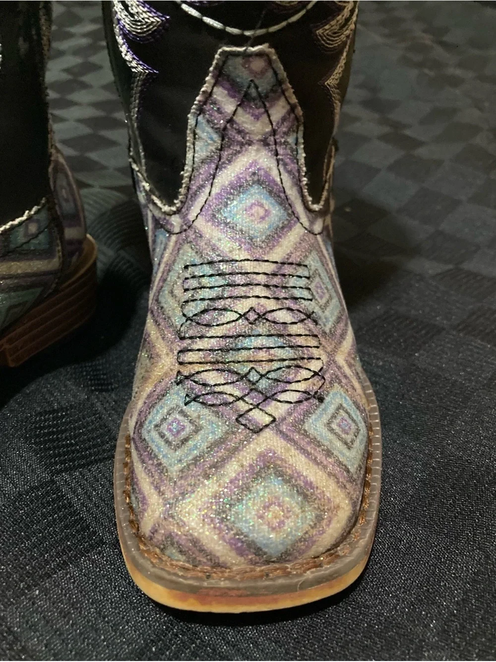 Roper Black Shaft Cowgirl Boots with Purple and Teal Geometric Toe